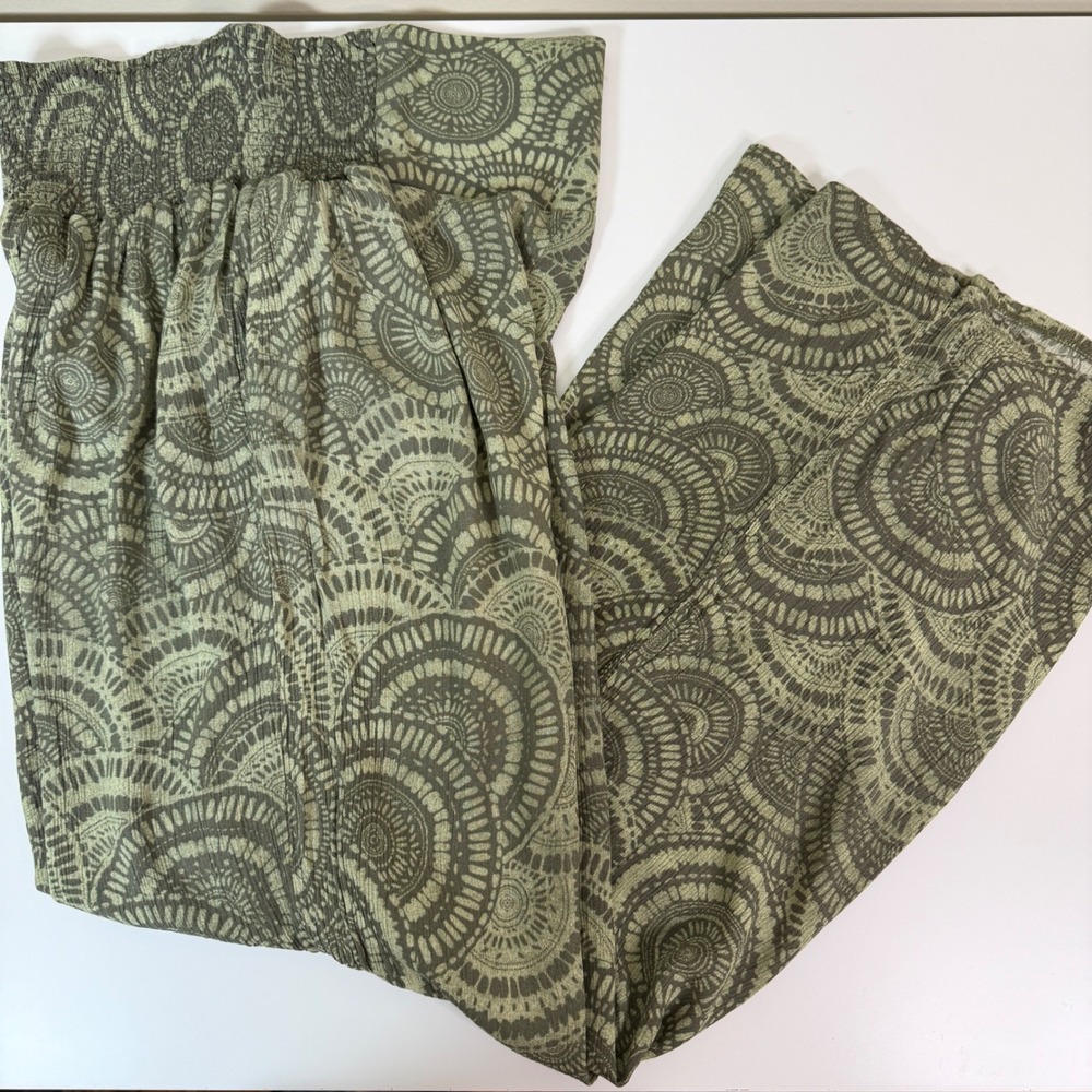 Three Dots Palazzo Pants Size L Green Geometric Print Smocked‎ Waist Wide Leg